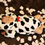 お宮参り写真撮影です。床にゴロンで花びらを散らして撮影。寝ちゃってます。 スタジオバンビ鈴鹿/お宮参り写真撮影。着物の後に牛の着ぐるみで撮影。花びらを散らしてみました